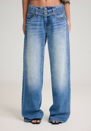 Stradivarius, DOUBLE-WAIST WIDE-LEG JEANS - Široké nohavice - mottled dark blue