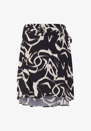 Czarna i biała spódnica kopertowa z abstrakcyjnymi, wirującymi wzorami, wykonana z lekkiego materiału, z regulowanym wiązaniem w talii i detalem w postaci warstwowego dołu.