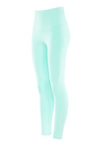 Világoskék leggings rugalmas anyagból, magas derekú, sima tapintású, látható minták vagy díszítések nélkül.