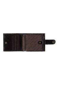 Black leather wallet with multiple card slots, a brown interior, and a snap closure. Features subtle logo print on the lining. Smooth texture.