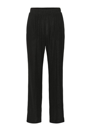 Schwarze, weite Hosen aus einem glänzenden, strukturierten Stoff. Sie verfügen über einen elastischen Bund und eine fließende Silhouette. Geeignet für legere oder abendliche Anlässe.