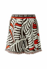 Shorts en maille avec un motif de feuilles abstrait en noir et blanc audacieux, souligné par des accents rouges, ourlet à franges et taille élastique avec logo répété.