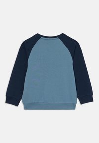 Felpa blu con maniche raglan navy, colletto a giro e polsini in costina. Texture liscia e design a blocchi di colore contrastanti sulla schiena.