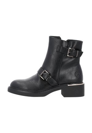 Bottine en cuir noir avec un bout arrondi, deux sangles à boucle ajustables, un petit talon carré et un accent métallique sur le talon.