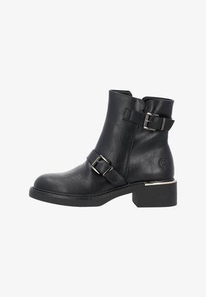 Bottine en cuir noir avec un bout arrondi, deux sangles à boucle ajustables, un petit talon carré et un accent métallique sur le talon.