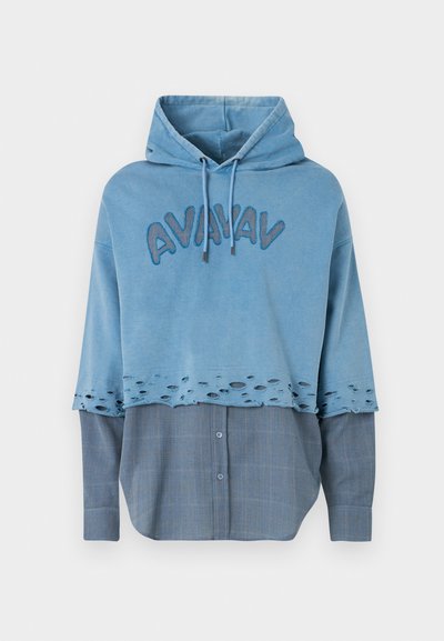 Blue hoodie with an embroidered "AVIAN" logo, featuring a distressed hem and a layered blue plaid shirt design beneath.