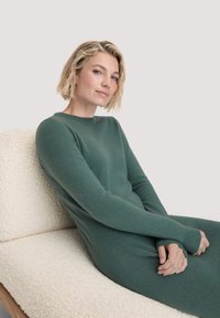 Grünes Wollkleid mit langen Ärmeln und gerippten Bündchen, mit rundem Halsausschnitt und lockerer Passform. Glatte Textur vor einem weichen Hintergrund.