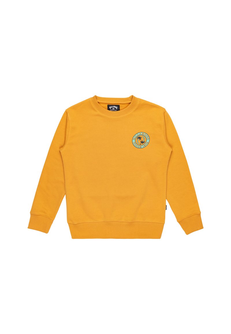 Felpa gialla a collo rotondo con maniche lunghe, caratterizzata da una patch logo circolare sul petto e polsini e orlo a costine. Materiale in cotone morbido.