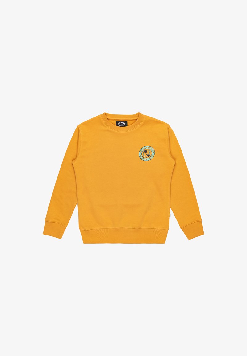 Felpa gialla a collo rotondo con maniche lunghe, caratterizzata da una patch logo circolare sul petto e polsini e orlo a costine. Materiale in cotone morbido.