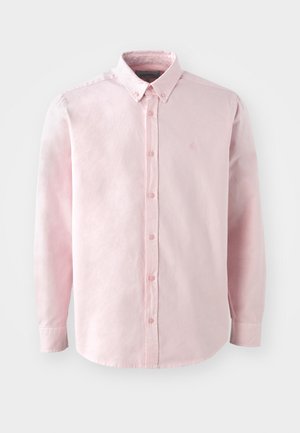 Light pink button-up shirt made from cotton with a soft texture, featuring long sleeves, a collar, and a small logo on the chest.