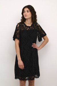 Black lace dress with short flutter sleeves, scalloped neckline, and hem. Features intricate floral patterns and an A-line silhouette.