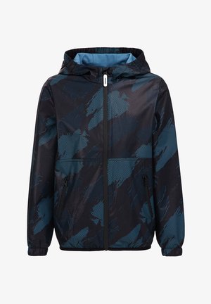 Sort og blå mønstret hættejakke med frontlynlås og lynlåslommer i siderne, med elastiske manchetter og lyseblå inderfor i hætten.