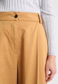 Beiga byxor med knappstängning, framficka och synliga veck. Tyget ser slätt ut med en lätt glans.
