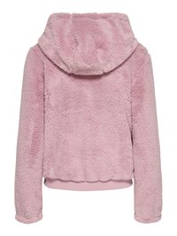 Veste à capuche rose floue avec une texture douce, ourlet et poignets côtelés. Présente une coupe décontractée sans fermetures ni poches visibles.