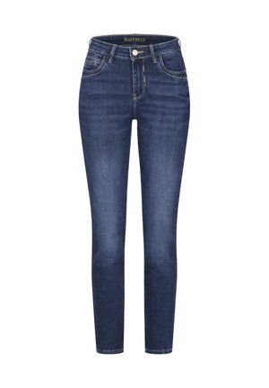 Dunkelblaue Slim-Fit-Jeans mit klassischem Fünf-Taschen-Design, Knopfverschluss und leichter Waschung an Oberschenkeln und Knien.