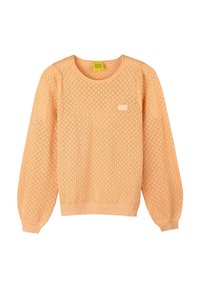 Pull en tricot de couleur pêche avec un motif en losanges texturé, col rond et poignets côtelés. Petite étiquette de marque sur la poitrine.