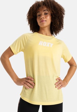 Yellow short-sleeve T-shirt with a soft texture and a white "ROXY" logo on the front, featuring a relaxed fit and round neckline.