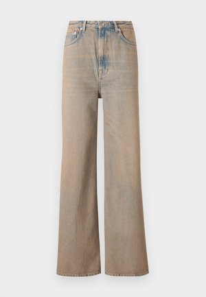 Light wash wide-leg jeans with a high waist, made of denim. Features subtle stitching and five pockets, with a slightly faded texture.