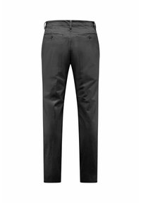 Zwarte broek met een gladde textuur, featuring een rechte pijp, twee achterzakken met knoopsluitingen, en riemlussen in de taille.