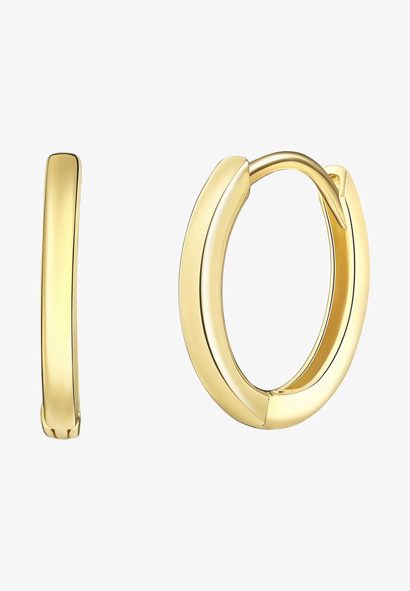 Auksinės apyrankės auskarai su lygiu, poliruotu paviršiumi. Apskritimo forma turi be siūlių uždarimą ir šiek tiek išlenkimą vienoje pusėje.