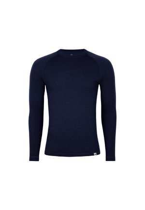 Marineblauwe longsleeve shirt van gladde stof. Heeft een ronde hals en raglanmouwen. Inclusief een klein logo op de onderzoom.