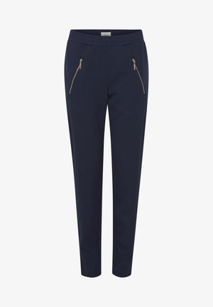 Pantaloni blu navy con cintura elastica, dotati di due tasche con zip nella parte anteriore e un design a gamba affusolata. Tessuto dalla texture liscia.