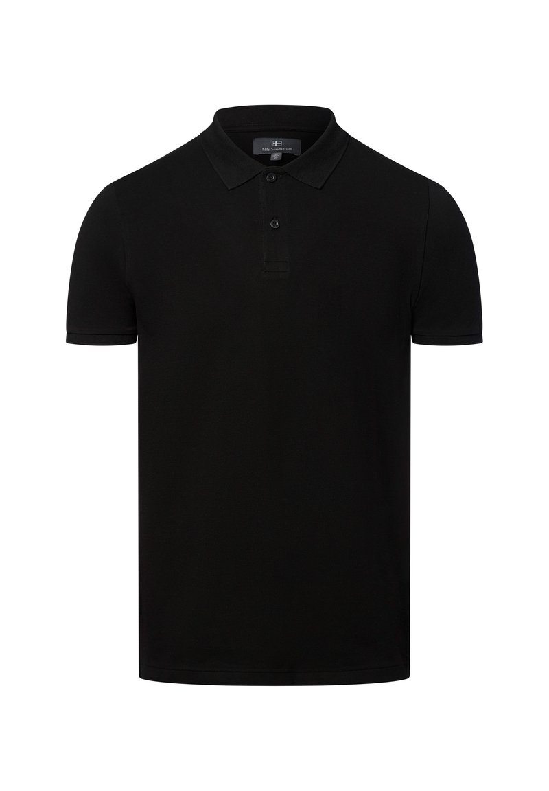 Schwarzes Poloshirt mit klassischem Kragen, Drei-Knopf-Leiste, kurzen Ärmeln und glatter Textur. Keine sichtbaren Muster oder Akzente.