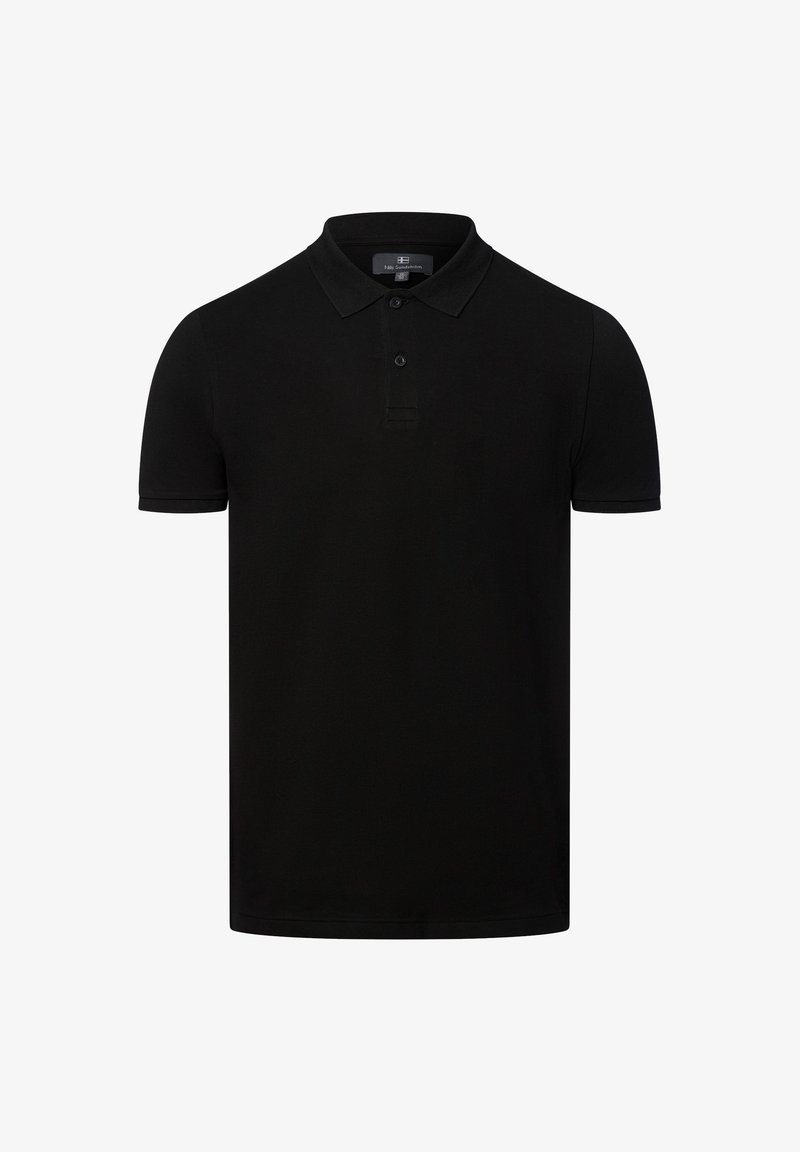 Schwarzes Poloshirt mit klassischem Kragen, Drei-Knopf-Leiste, kurzen Ärmeln und glatter Textur. Keine sichtbaren Muster oder Akzente.