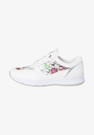 Hvide lave sneakers med blomsterprint, snørelukning og tekstureret sål til afslappet brug.