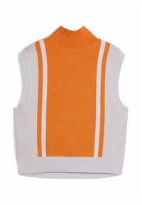 Bezrękawnik z pomarańczowym prążkowanym kołnierzem. Ciało ma pasy w kolorze pomarańczowym i białym w stylu color-blocking, fakturowaną dzianinę oraz dopasowany krój.