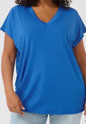 Losse blauwe V-hals T-shirt van gladde stof, met korte mouwen en een relaxte pasvorm. Naden gedetailleerd vlak bij de zoom.