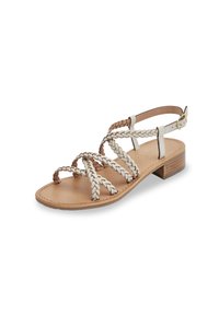 Vlecht leren sandalen in beige en bruin. Beschikt over een open teenontwerp, enkelband met metalen gesp en een lage houten hak.