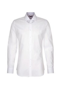 Chemise habillée blanche à manches longues pour hommes avec patte de boutonnage sur le devant et col intérieur à motif, présentée sur un fond blanc.