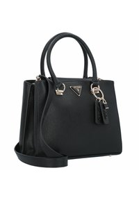 Borsa nera in materiale sintetico strutturato, forma definita, doppio manico e tracolla staccabile. Dotata di dettagli in metallo color argento e logo.