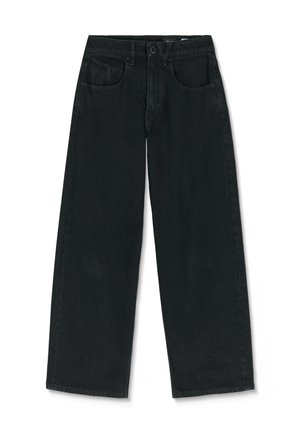 Jean en denim noir à jambes larges avec cinq poches, passants de ceinture et fermeture par bouton sur fond blanc.