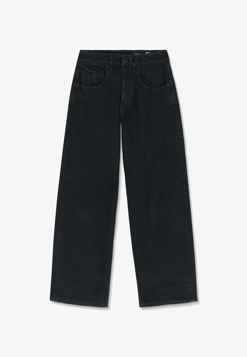 Jean en denim noir à jambes larges avec cinq poches, passants de ceinture et fermeture par bouton sur fond blanc.