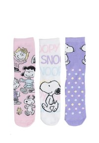 Tre paia di calzini: rosa con personaggi dei cartoni animati, bianchi con testo pastello "Snoopy" e viola con pois multicolori.