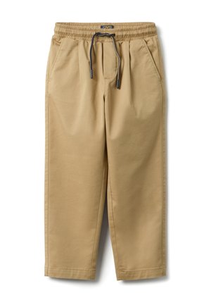 Pantaloni beige con vita elastica e coulisse, tasche laterali, design a gamba dritta e texture liscia.