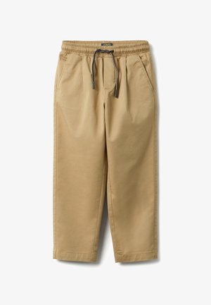 Pantalon beige à taille élastique avec cordon de serrage, poches latérales, coupe droite et texture lisse.