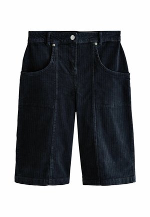 Dunkelblaue Cordshorts mit weitem Bein, ausgestattet mit zwei tiefen Seitentaschen und dezenten vertikalen Streifen, mit einem Metalldruckknopfverschluss.