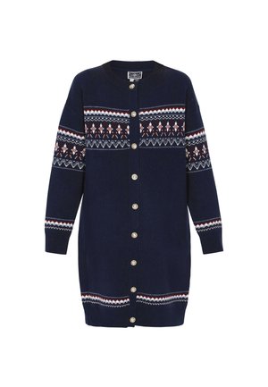 Marineblauwe gebreide cardigan met een Fair Isle-patroon in rood en wit, met een ronde hals, knopen aan de voorkant en lange mouwen.