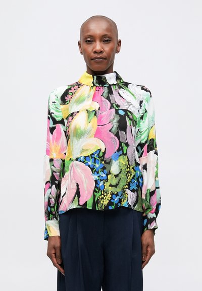 Floral blouse with a high collar, featuring vibrant pink, yellow, and green patterns on a black background. Long sleeves, lightweight fabric.
