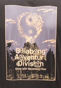 Ορεινό τοπίο με δέντρα, μια νεφοσχηματισμός που μοιάζει με το σύμβολο γιν-γιανγκ, και κείμενο «Billabong Adventure Division» και «Ανάπτυξη με τη ροή της ενέργειας.»