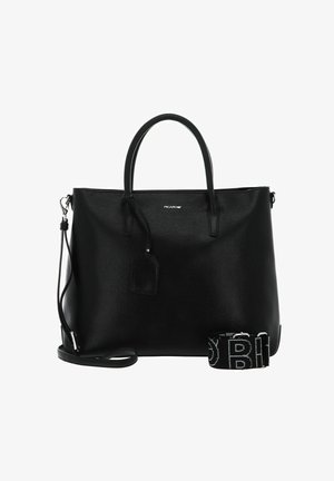 Schwarze Ledertasche mit zwei Griffen, einem abnehmbaren Schultergurt und einem rechteckigen Anhänger. Strukturierte Oberfläche mit dezentem Glanz.