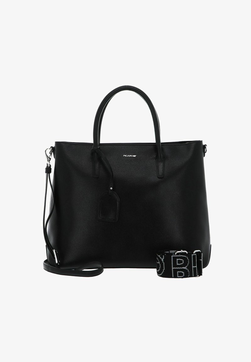 Black leather tote bag featuring dual handles, a removable shoulder strap, and a rectangular tag. Textured surface with subtle shine.