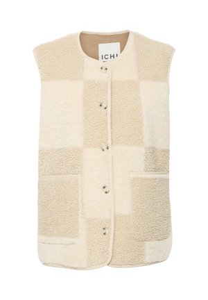 Gilet imbottito di colore beige chiaro con una finitura morbida e texturizzata, caratterizzato da un design patchwork, scollatura rotonda, bottoni frontali e due tasche.