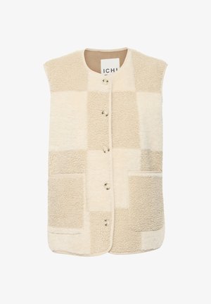 Light beige padded vest with a soft, textured finish, featuring a patchwork design, rounded neckline, front buttons, and two pockets.