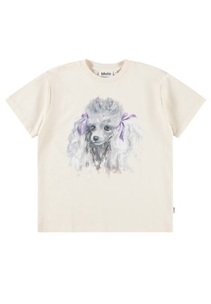 Cremiges T-Shirt mit einer Aquarellillustration eines grauen Puddelkopfs, der violette Schleifen an den Ohren trägt, mittig vorne.