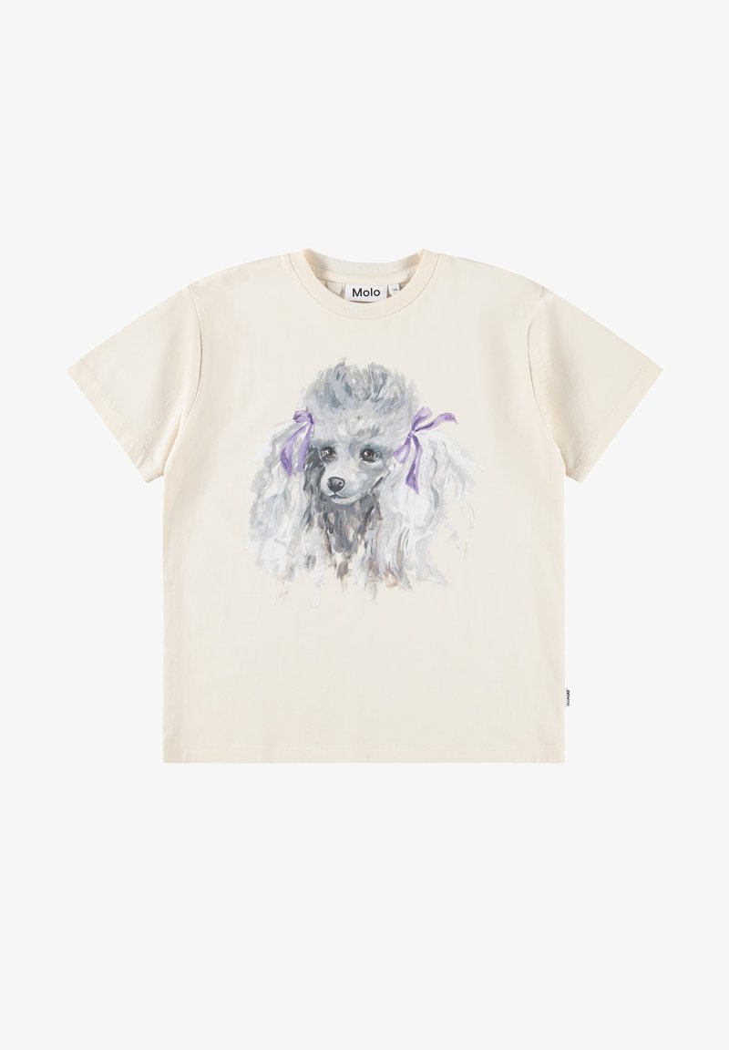 Κρεμ T-shirt με εικονογράφηση κεφαλής γκρι πούρδλ σε στυλ ακουαρέλας που φορά μοβ φιόγκους στα αυτιά, στο κέντρο εμπρός.