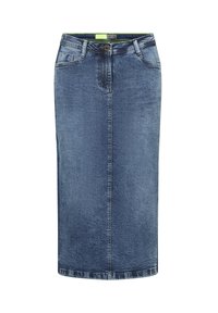 Donkerblauwe denim midi-rok met een sluiting van knopen aan de voorkant, twee zijzakken en een rechte silhouet met subtiele textuur.